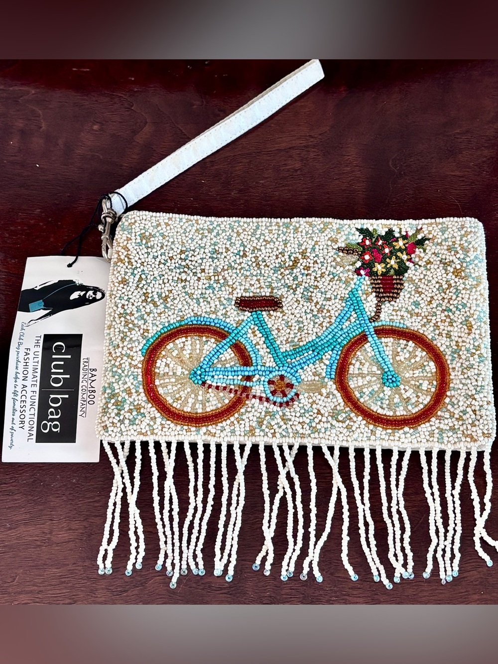 Bamboo Trading Company Bicycle Beaded Club Bag Fringe Wristlet Crossbody NWT